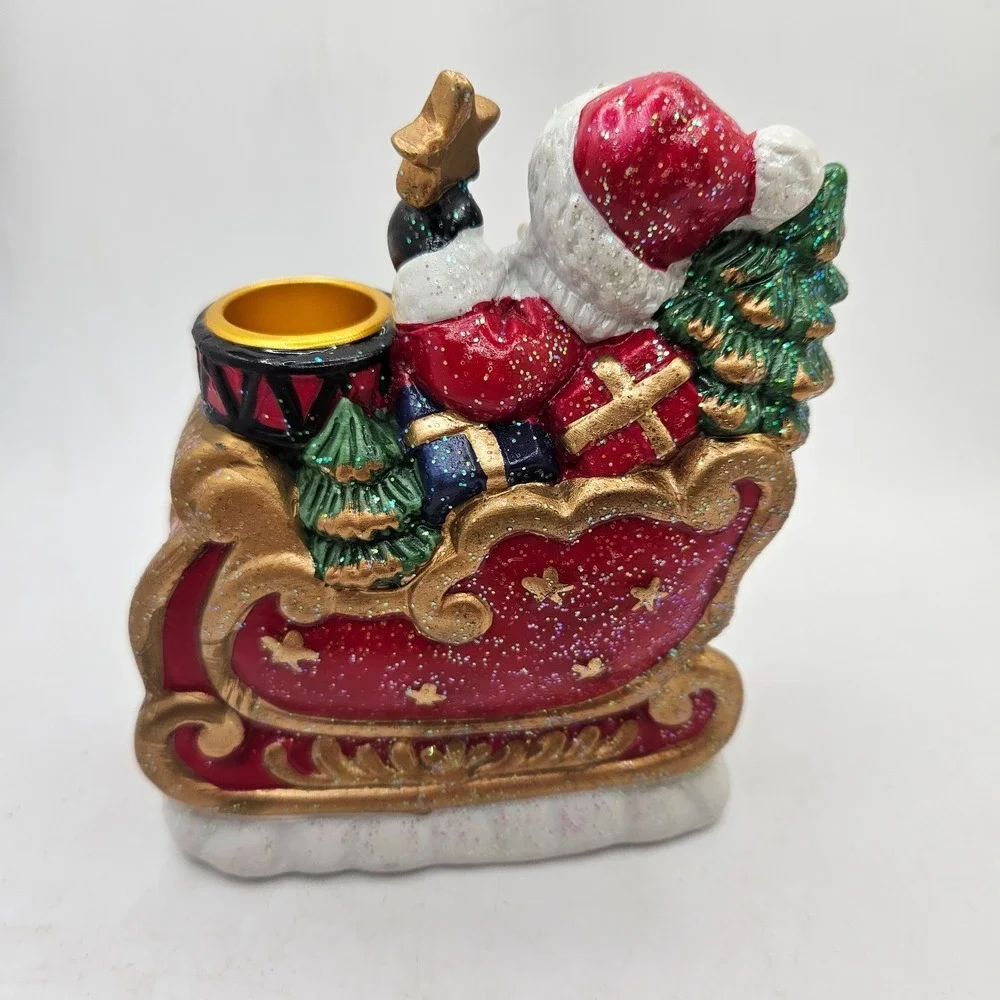 Christmas Santa Sleigh Candle Holder Glitter Ceramic Holiday Decor